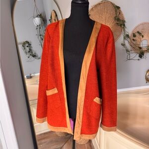 Women's Orange Cardigan with Tan Trim